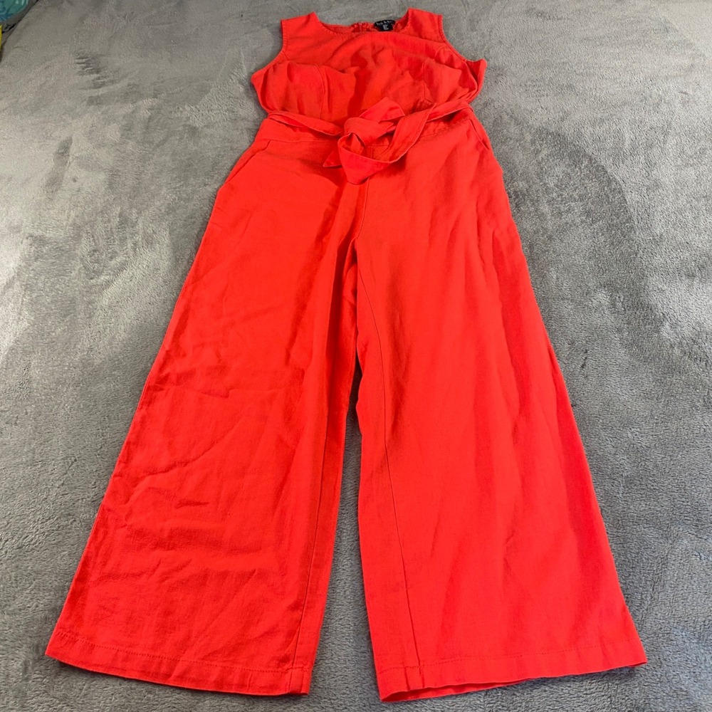 Nicole Miller Jumpsuit Women 8 Red Wide Leg Sleeveless Tie Waist Linen Blend